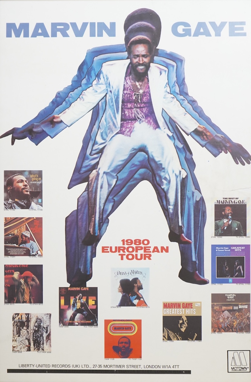 Marvin Gaye interest; a framed original Motown poster promoting the 1980 European tour, Liberty United Records, UK, 75 x 50cm